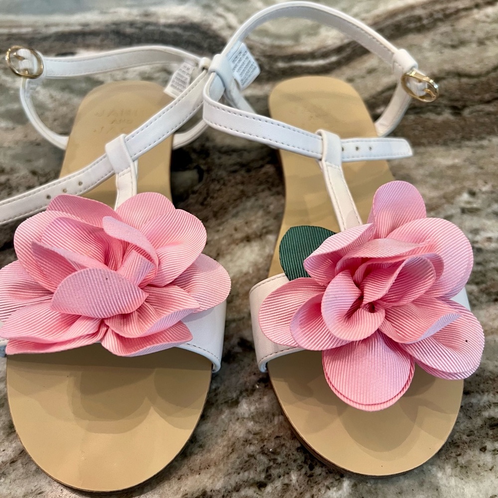 Janie and Jack 
White Sandals with Pink Floral Accent